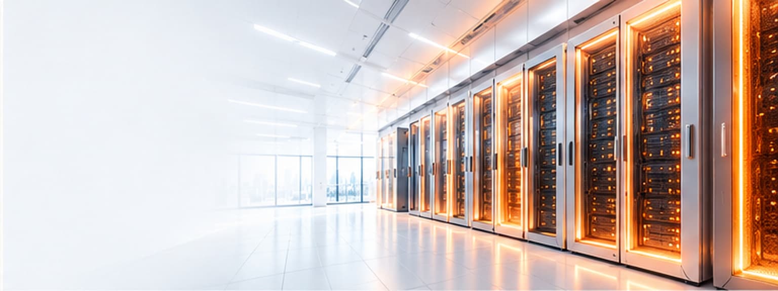 Data centre aisle lined with orange-lit server racks