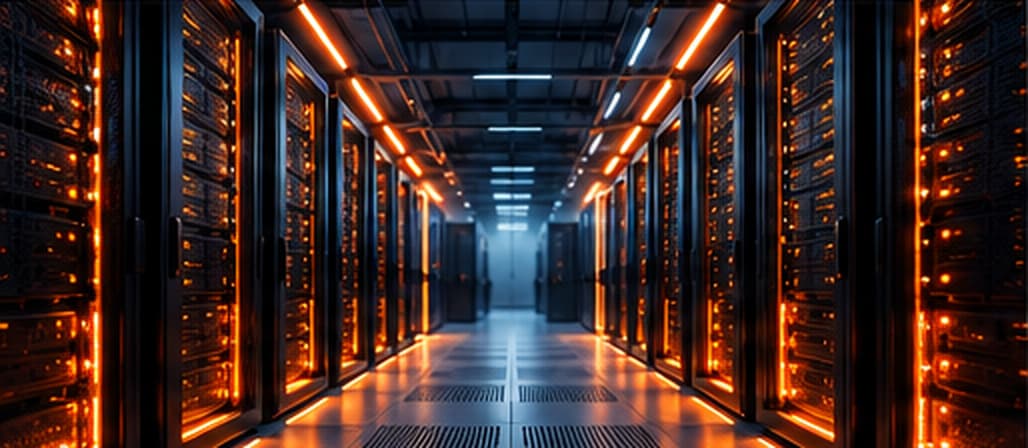 Data centre corridor between rows of server racks with orange lighting