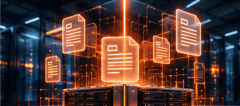 Illuminated business documents rising from a server, representing AI document search