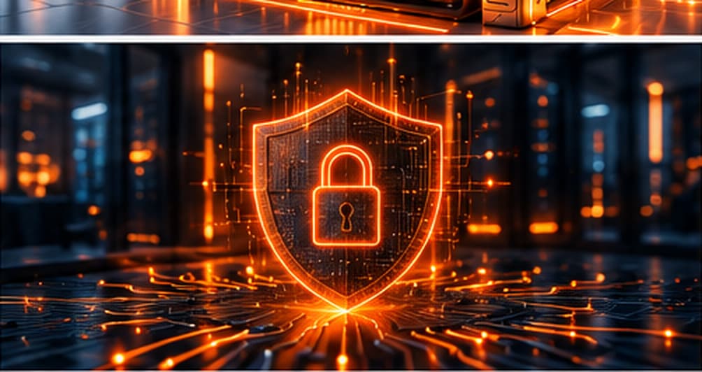 Illuminated shield and padlock in front of server racks