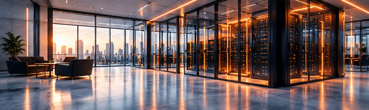 Modern office with glass-walled server rooms and a city view